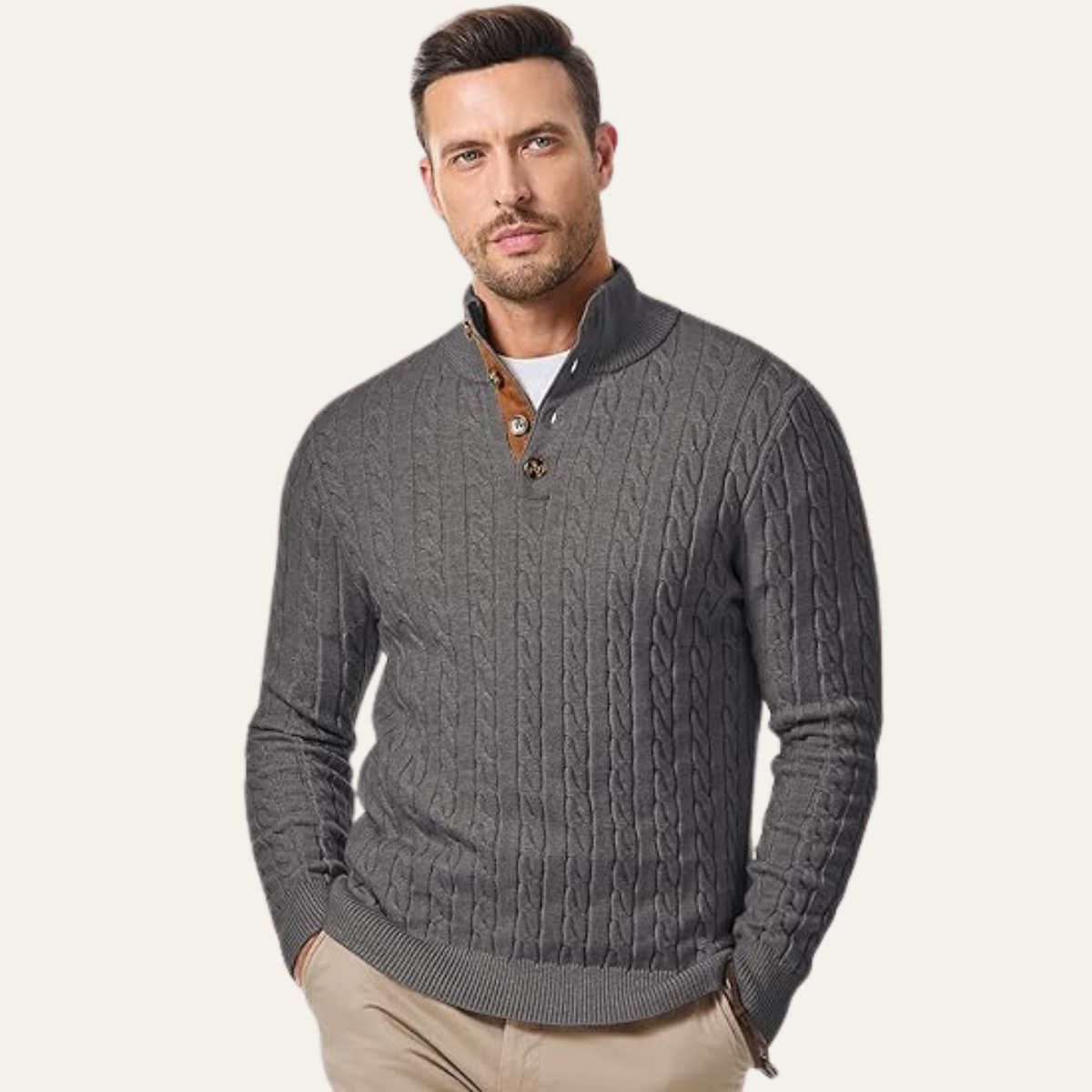 Bram | Men's Cable Knit Sweater Black Elbow Patch Quarter Zip