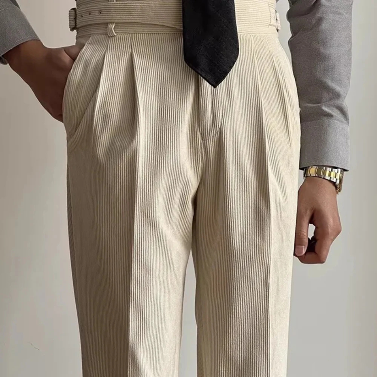 Bram | Men's Pleated Dress Pants Gray Pinstripe