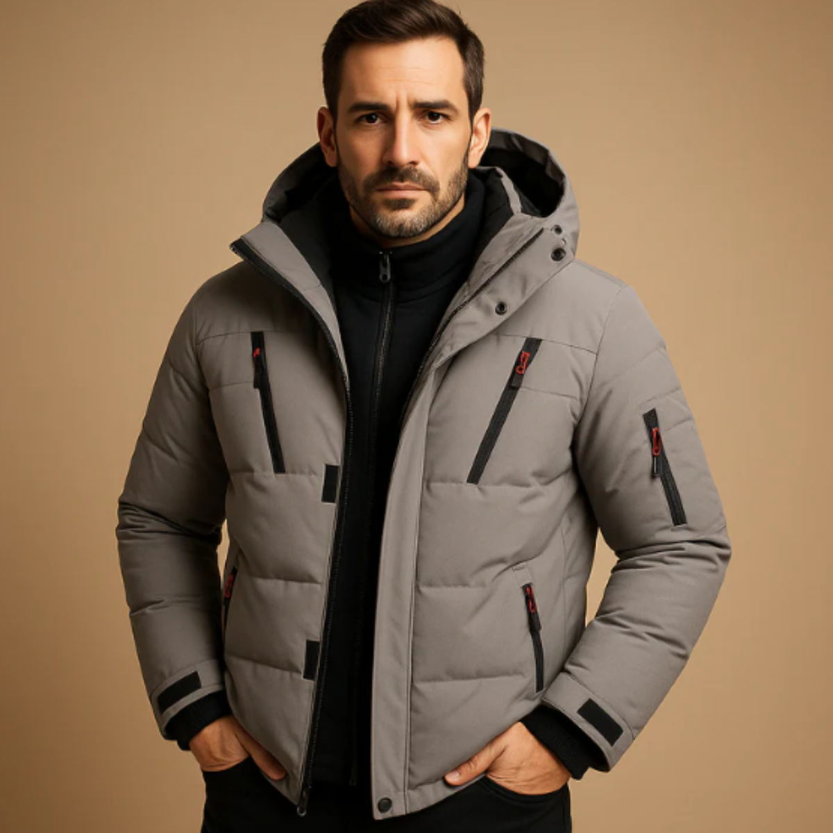 Zain | Men's Puffer Jacket Red Hooded Quilted Winter Coat