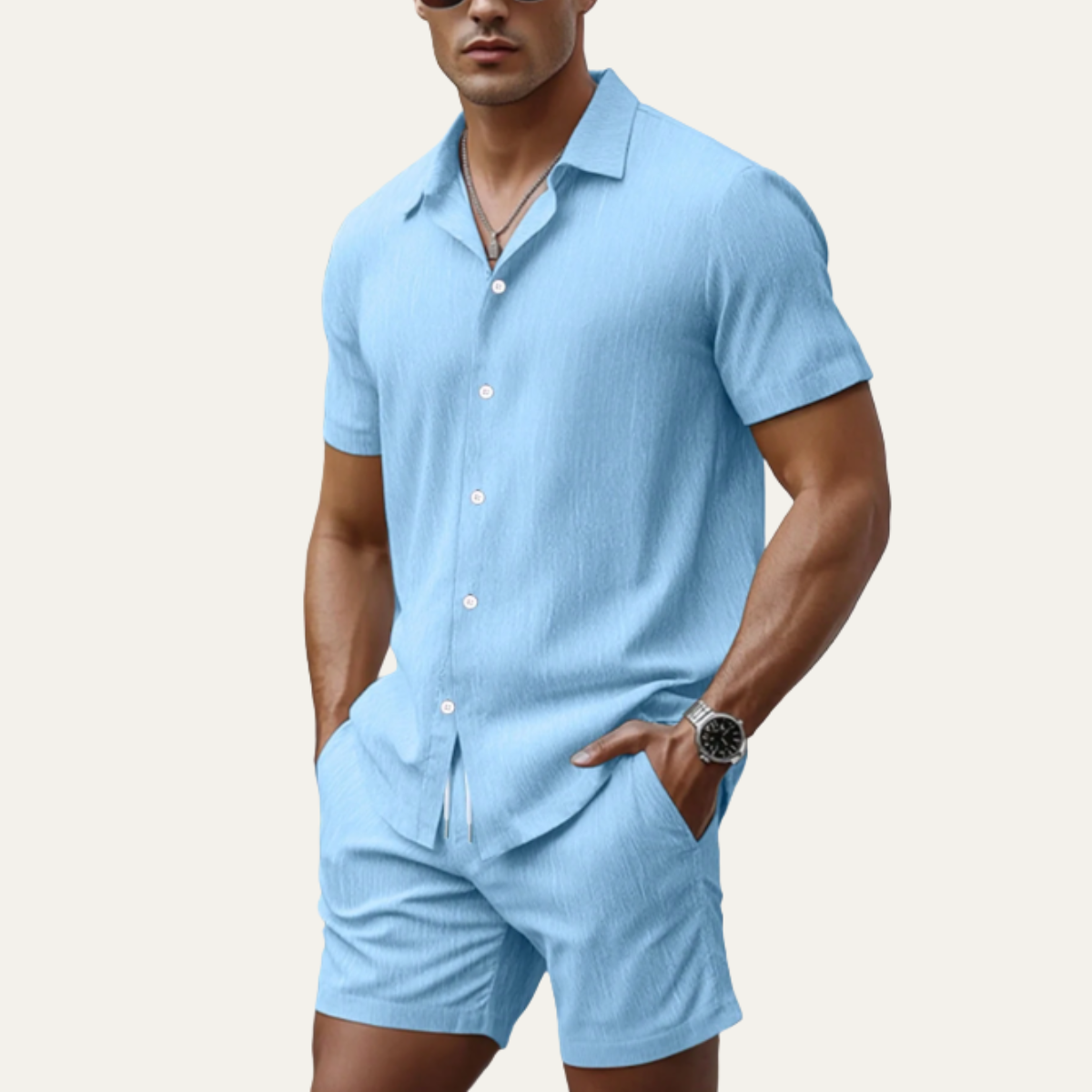 Silas | Men's Casual Linen Button Up Shirt Light Blue Short Sleeve