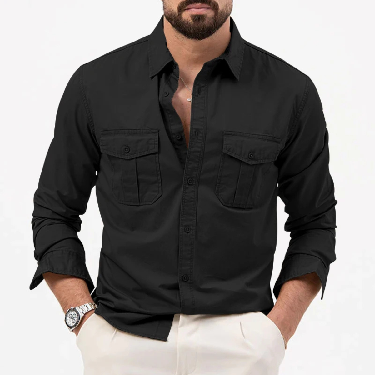Ezra | Men's Utility Button Up Shirt Olive Long Sleeve