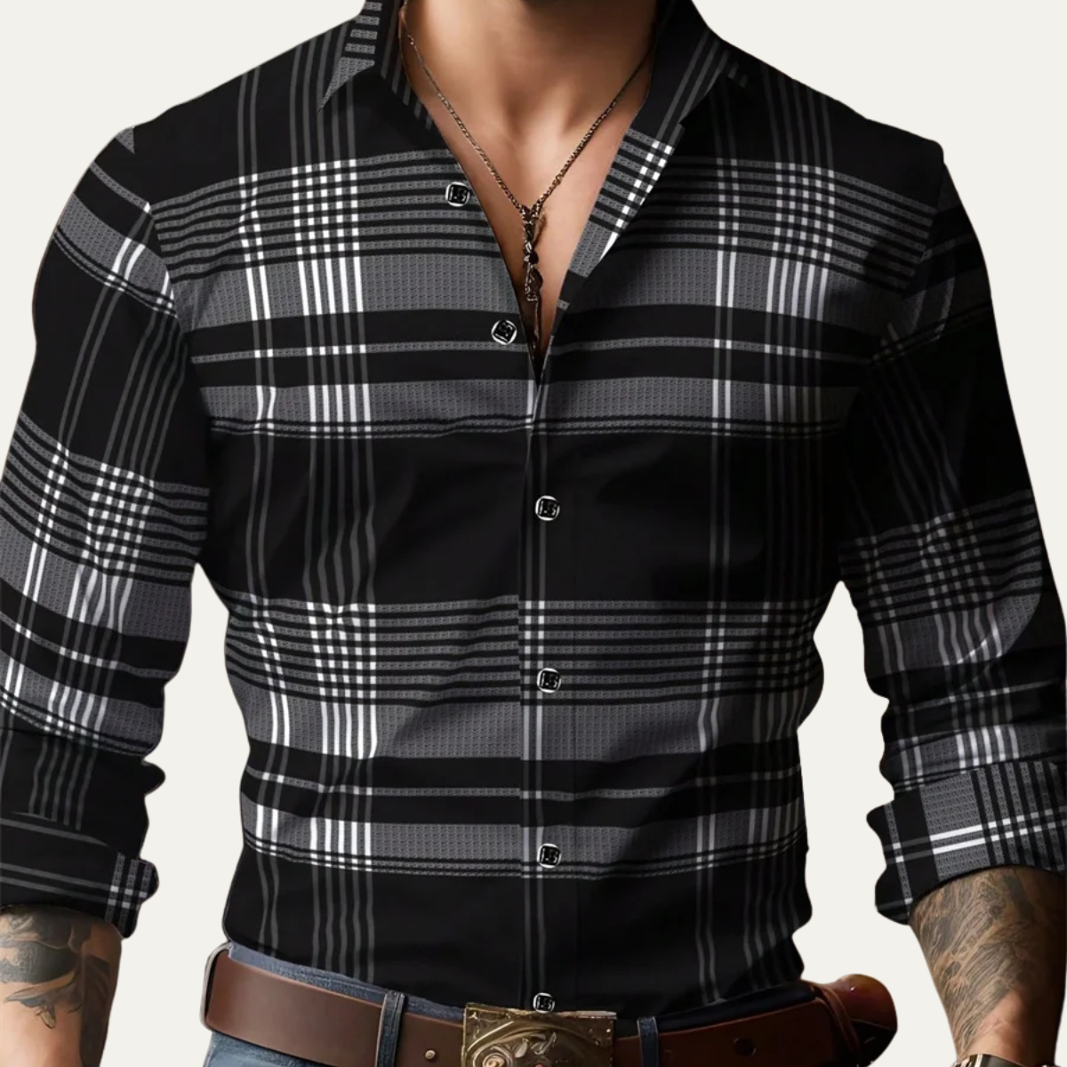 Otto | Men's Plaid Button Up Shirt Gray White Long Sleeve