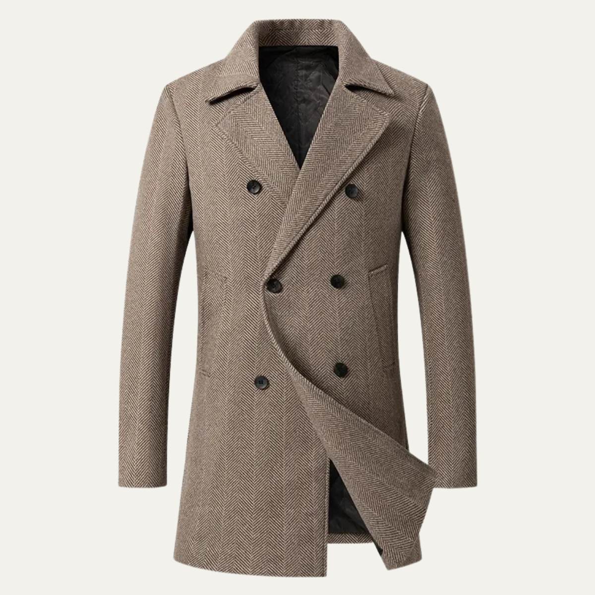 Axel | Men's Tweed Double Breasted Overcoat Beige Herringbone Wool Blend