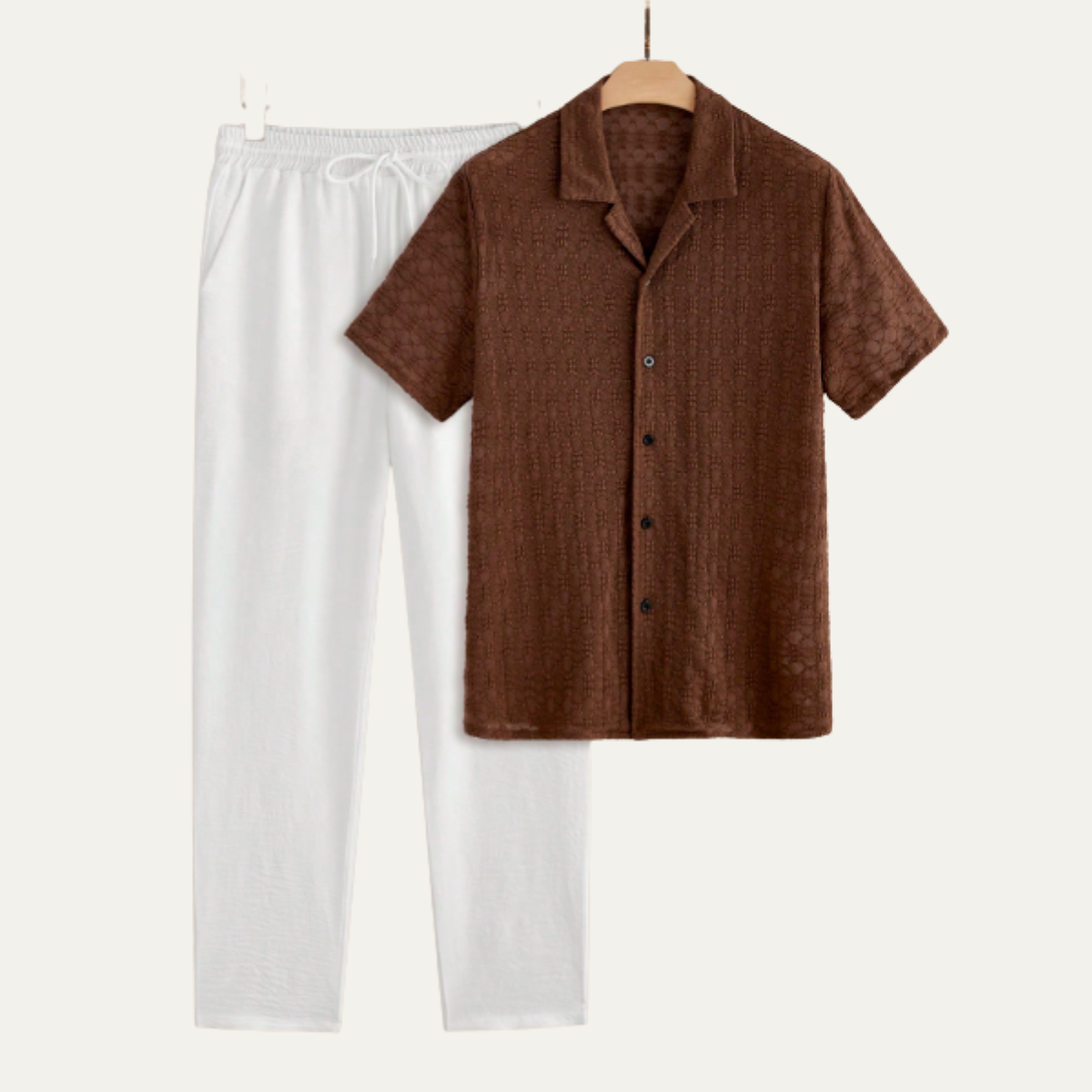 Callum | Men's Casual Linen Set Cream Short Sleeve Button Up Shirt And Beige Pants