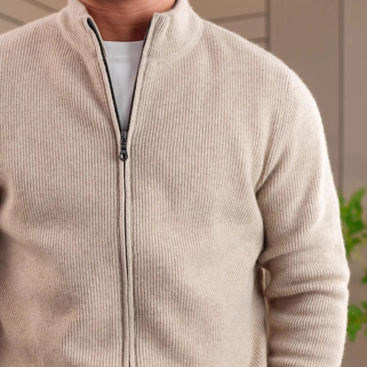 Mira | Men's Zip Up Cardigan Cream Ribbed Knit