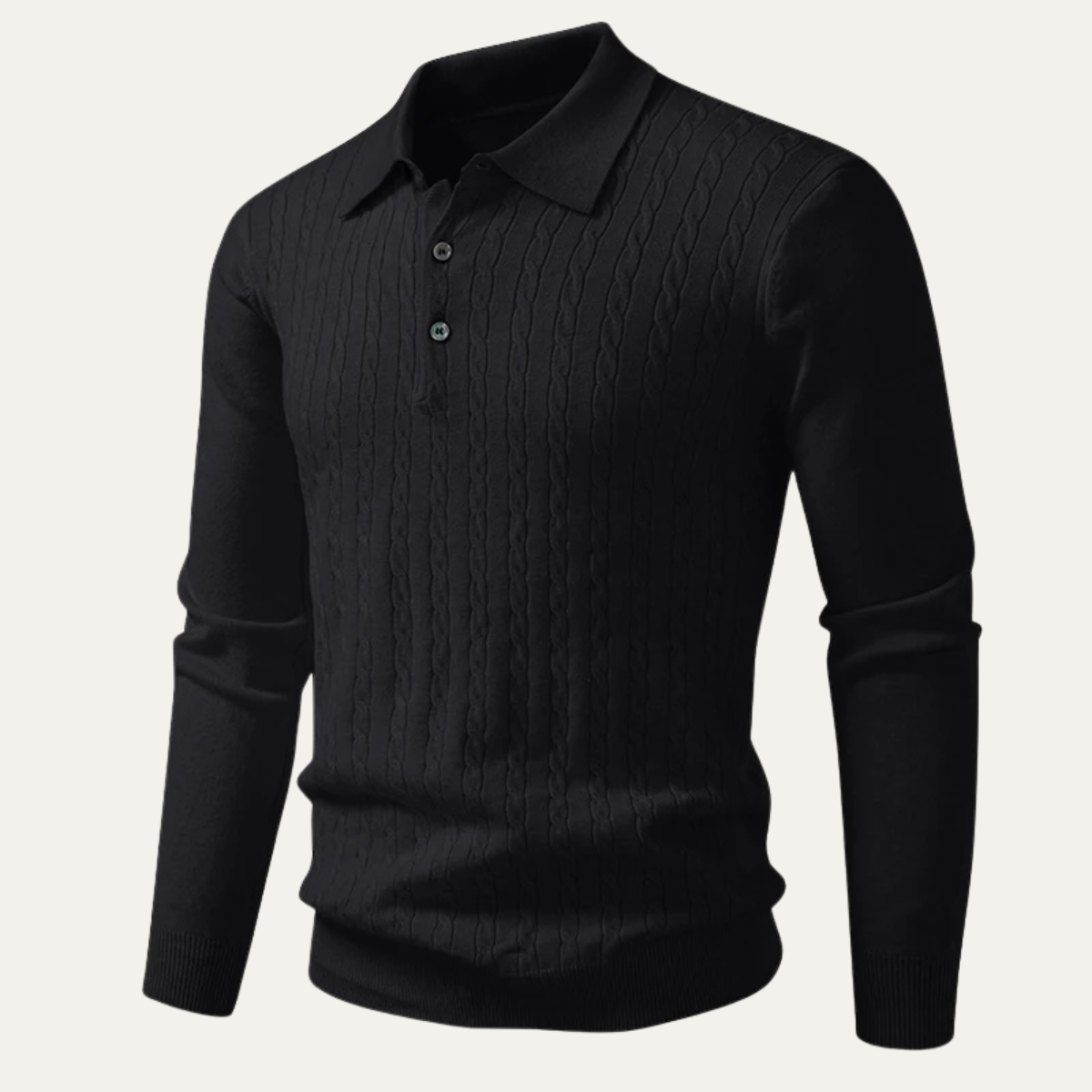 Beau | Men's Cable Knit Polo Sweater Cream Long Sleeve
