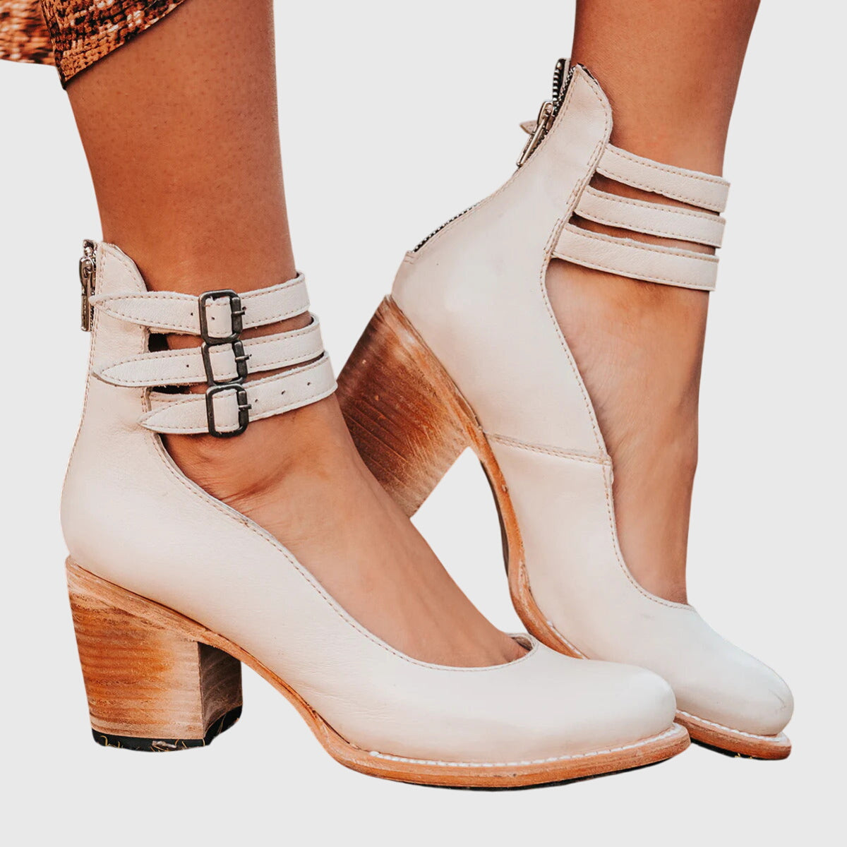 Rue | Women's Leather Block Heel Bootie Brown Buckle Strap