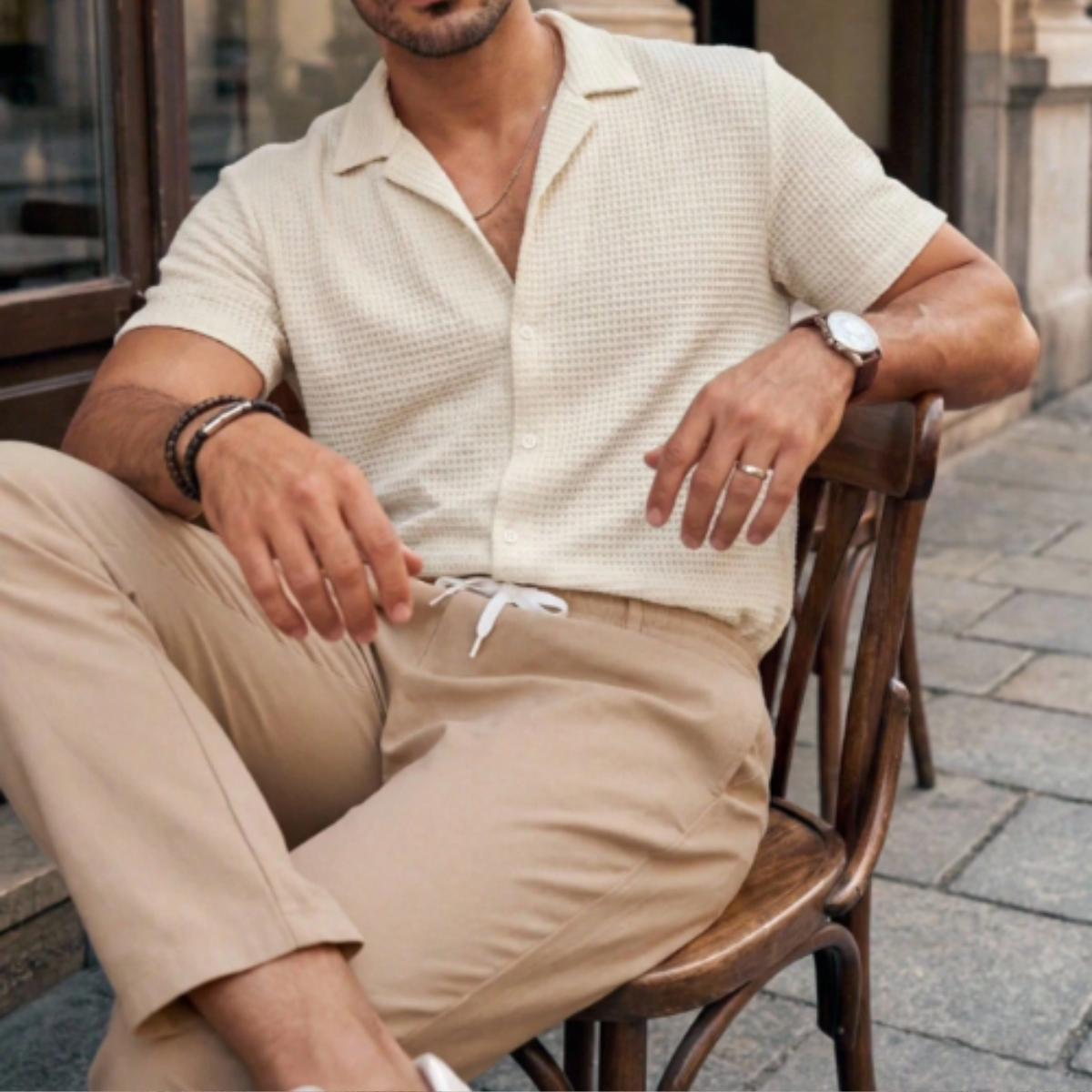 Callum | Men's Casual Linen Set Cream Short Sleeve Button Up Shirt And Beige Pants