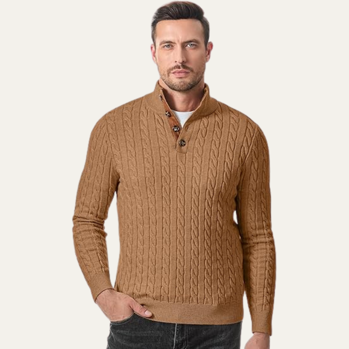 Bram | Men's Cable Knit Sweater Black Elbow Patch Quarter Zip