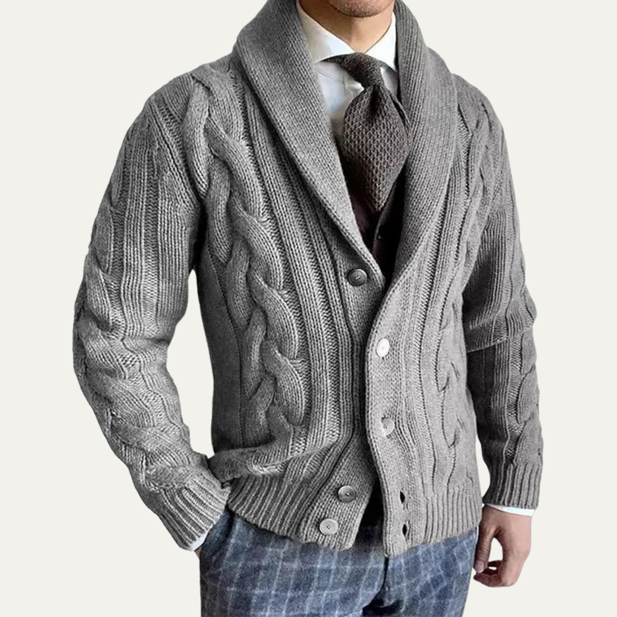 Beau | Men's Cable Knit Cardigan Cream Shawl Collar Button Up