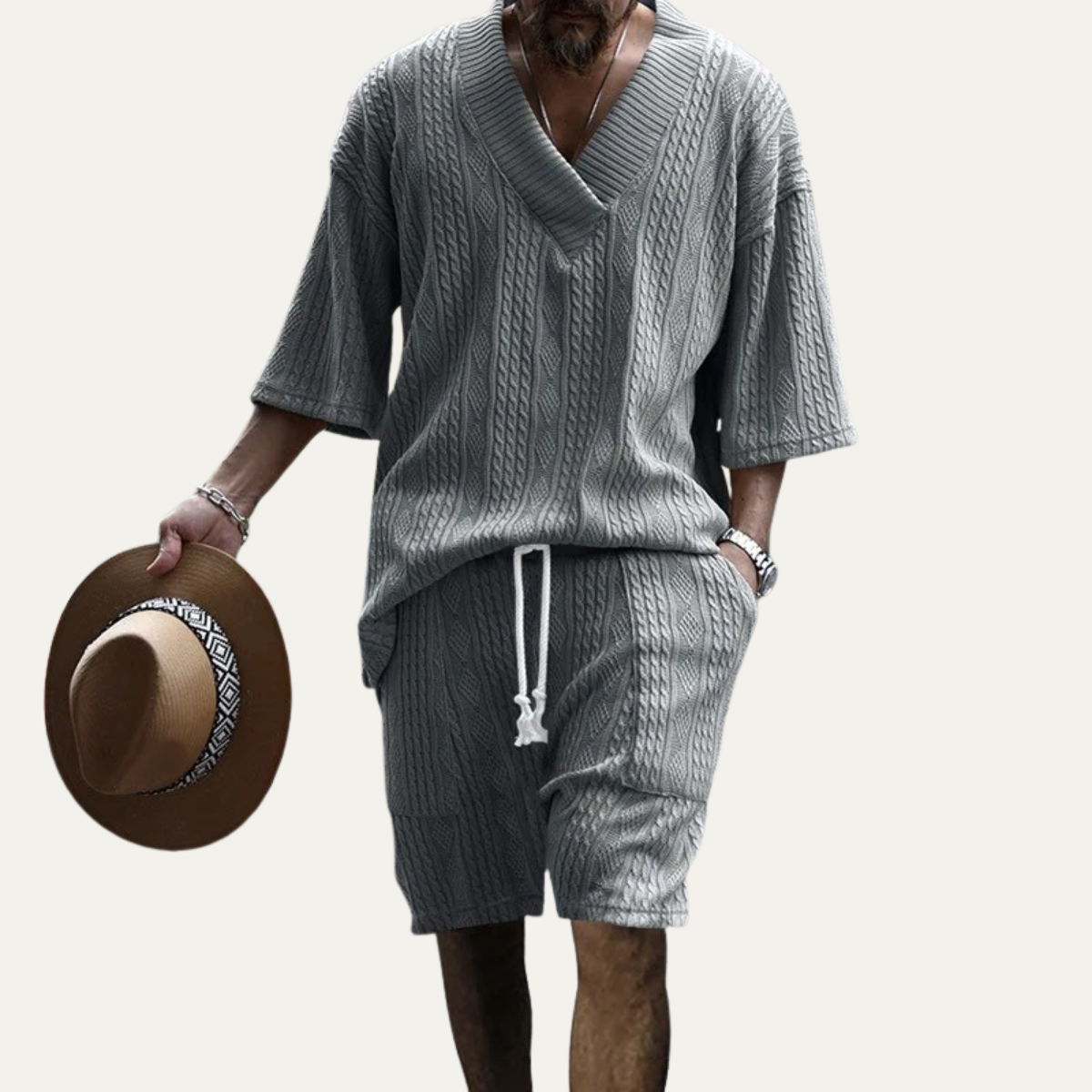 Bram | Men's Lounge Set Light Blue Cable Knit V Neck Shorts