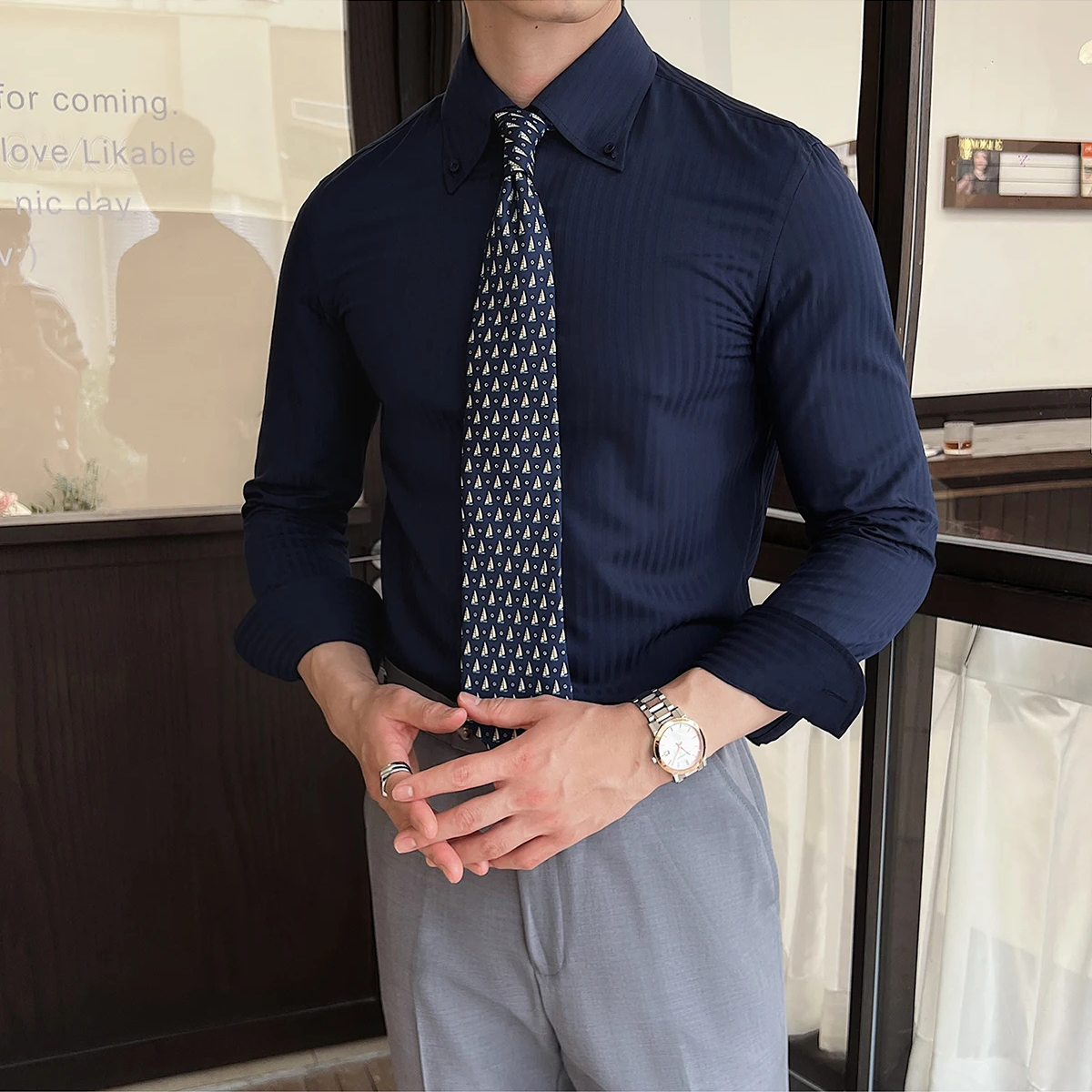 Axel | Men's Striped Button Up Shirt Light Blue Long Sleeve