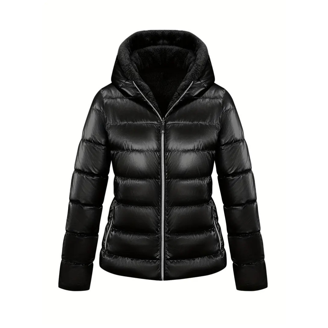 Freya | Women's Sherpa Puffer Jacket Black Hooded Zip Up