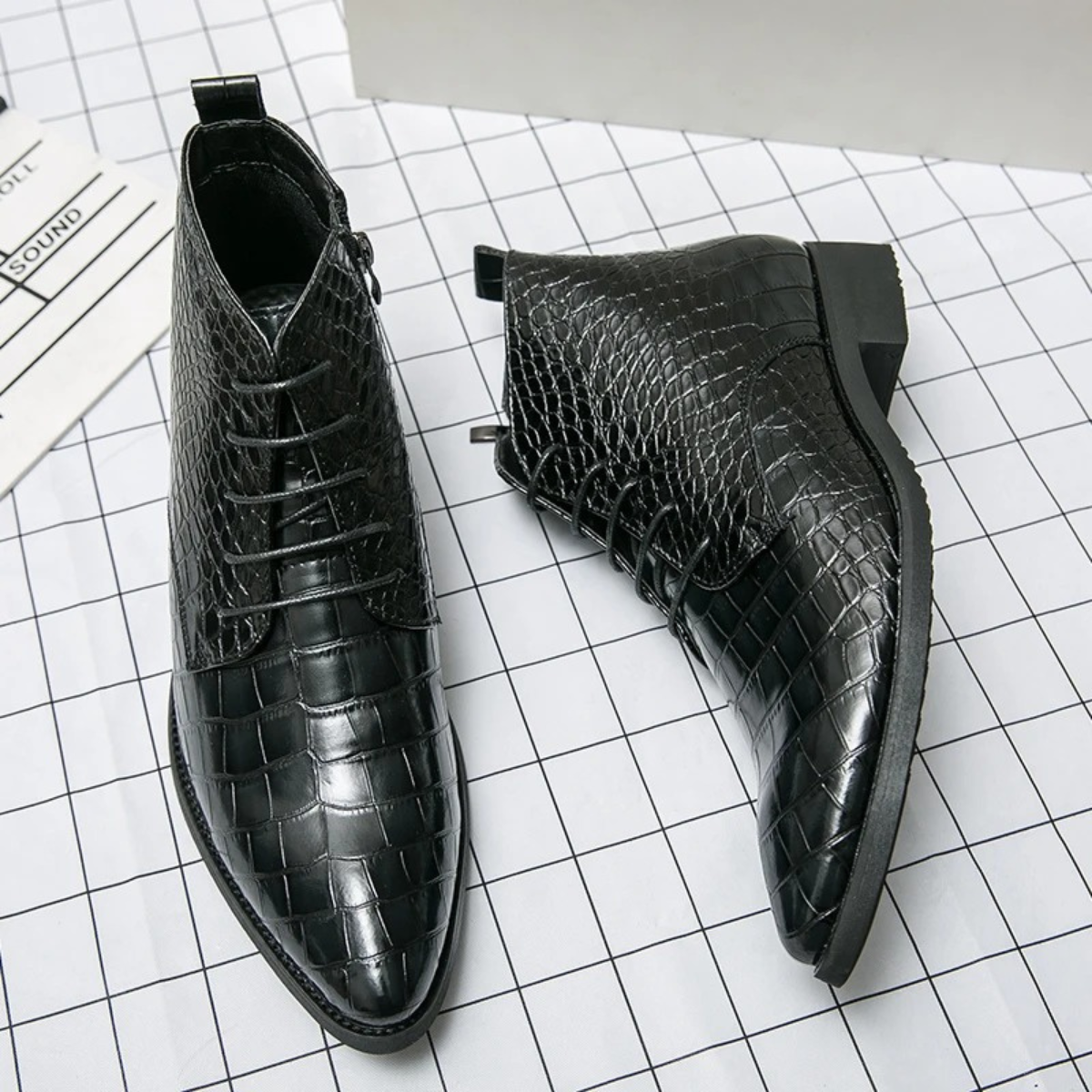 Knox | Men's Crocodile Leather Lace Up Ankle Boots Black