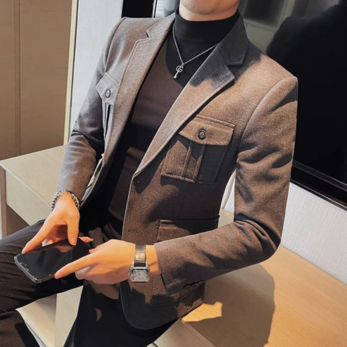 Wade | Men's Casual Blazer Black Chest Pocket