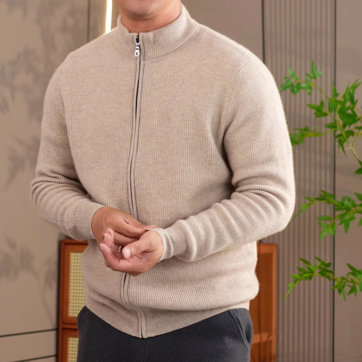 Mira | Men's Zip Up Cardigan Cream Ribbed Knit