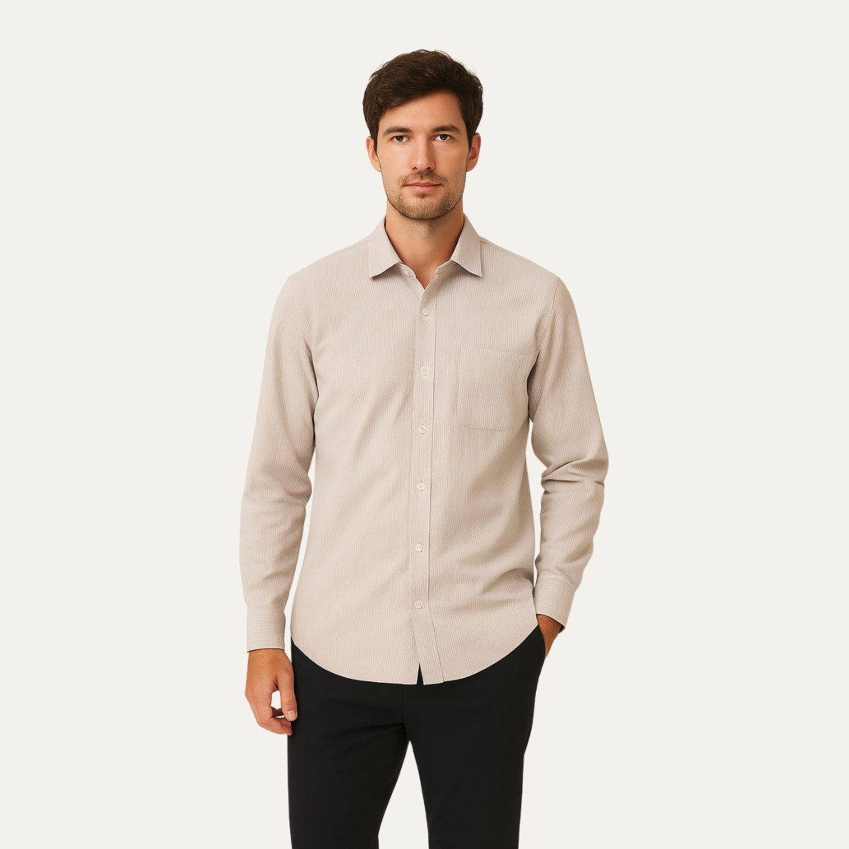 Jude | Men's Dress Shirt Cream Textured Long Sleeve Pocket