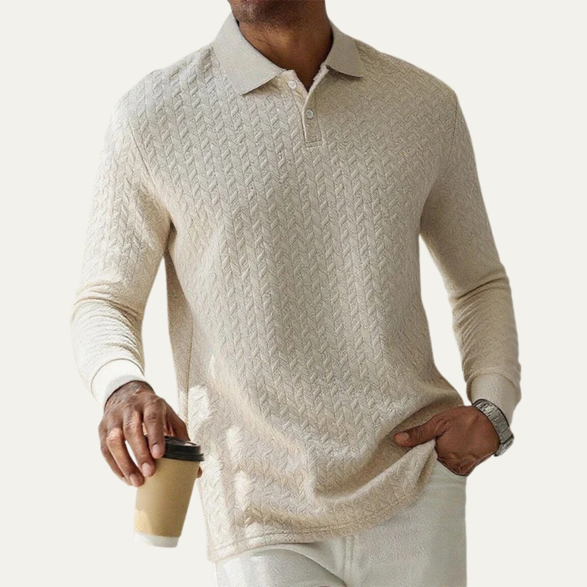 Beau | Men's Cable Knit Polo Sweater Cream Long Sleeve