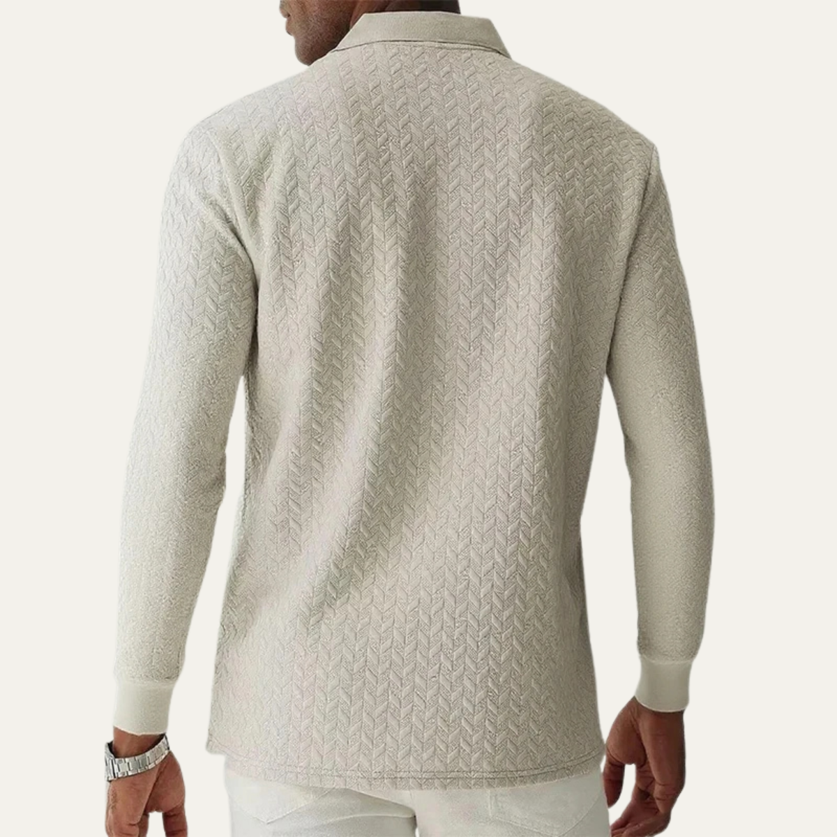 Beau | Men's Cable Knit Polo Sweater Cream Long Sleeve
