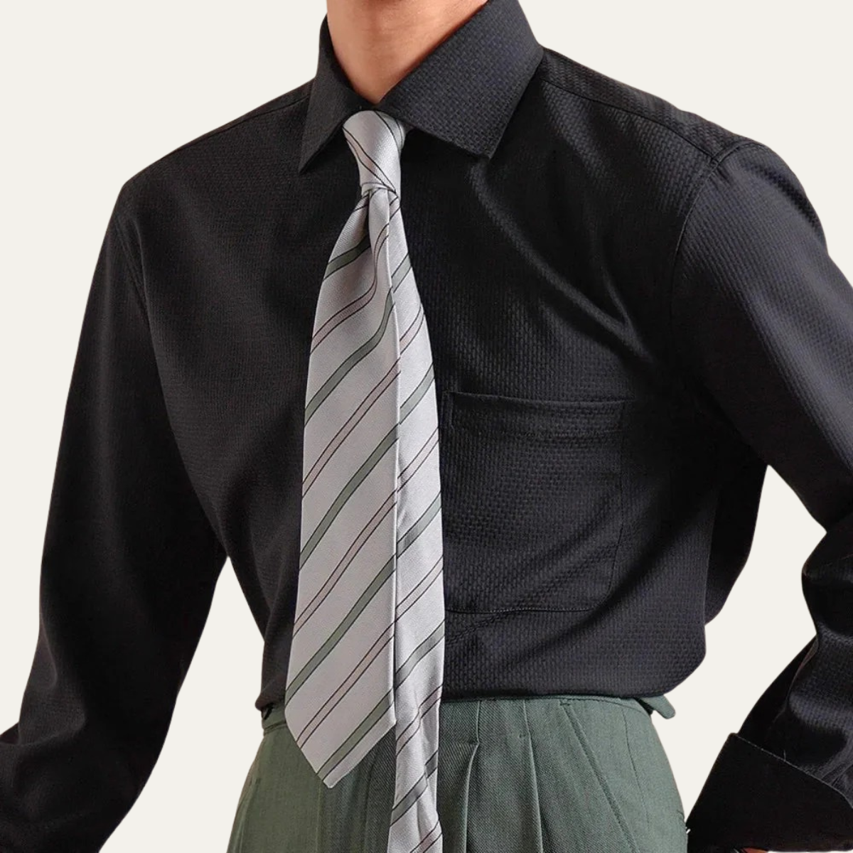 Jude | Men's Dress Shirt Cream Textured Long Sleeve Pocket