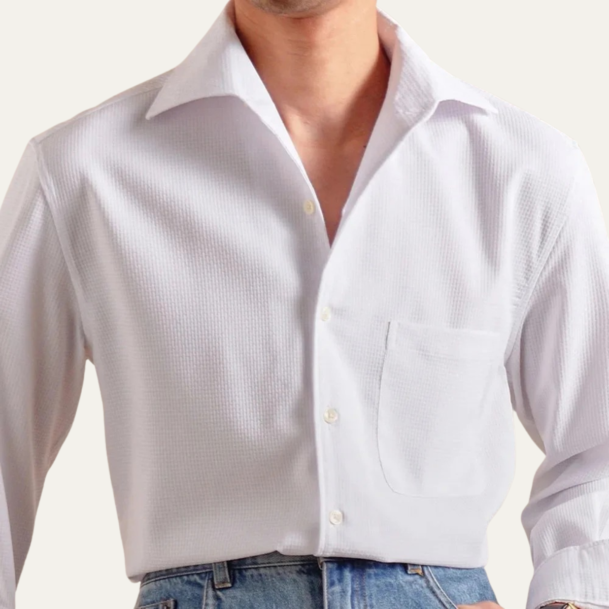 Jude | Men's Dress Shirt Cream Textured Long Sleeve Pocket