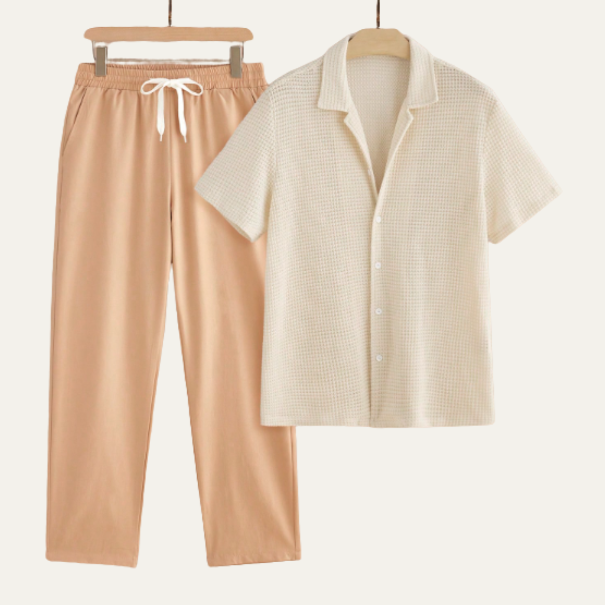 Callum | Men's Casual Linen Set Cream Short Sleeve Button Up Shirt And Beige Pants
