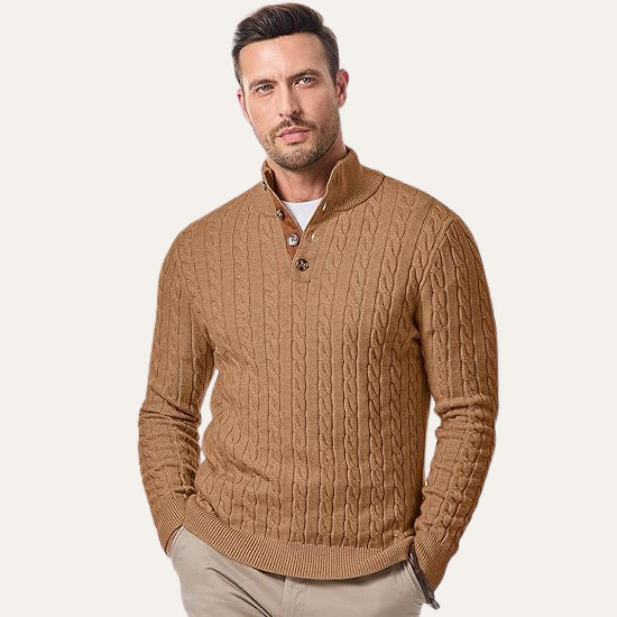 Bram | Men's Cable Knit Sweater Black Elbow Patch Quarter Zip