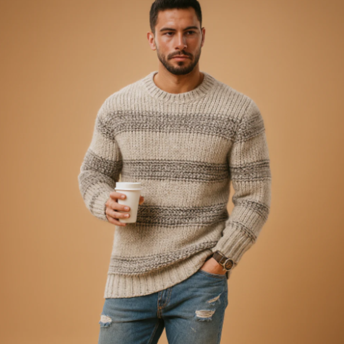 Asher | Men's Cable Knit Sweater Navy Crew Neck