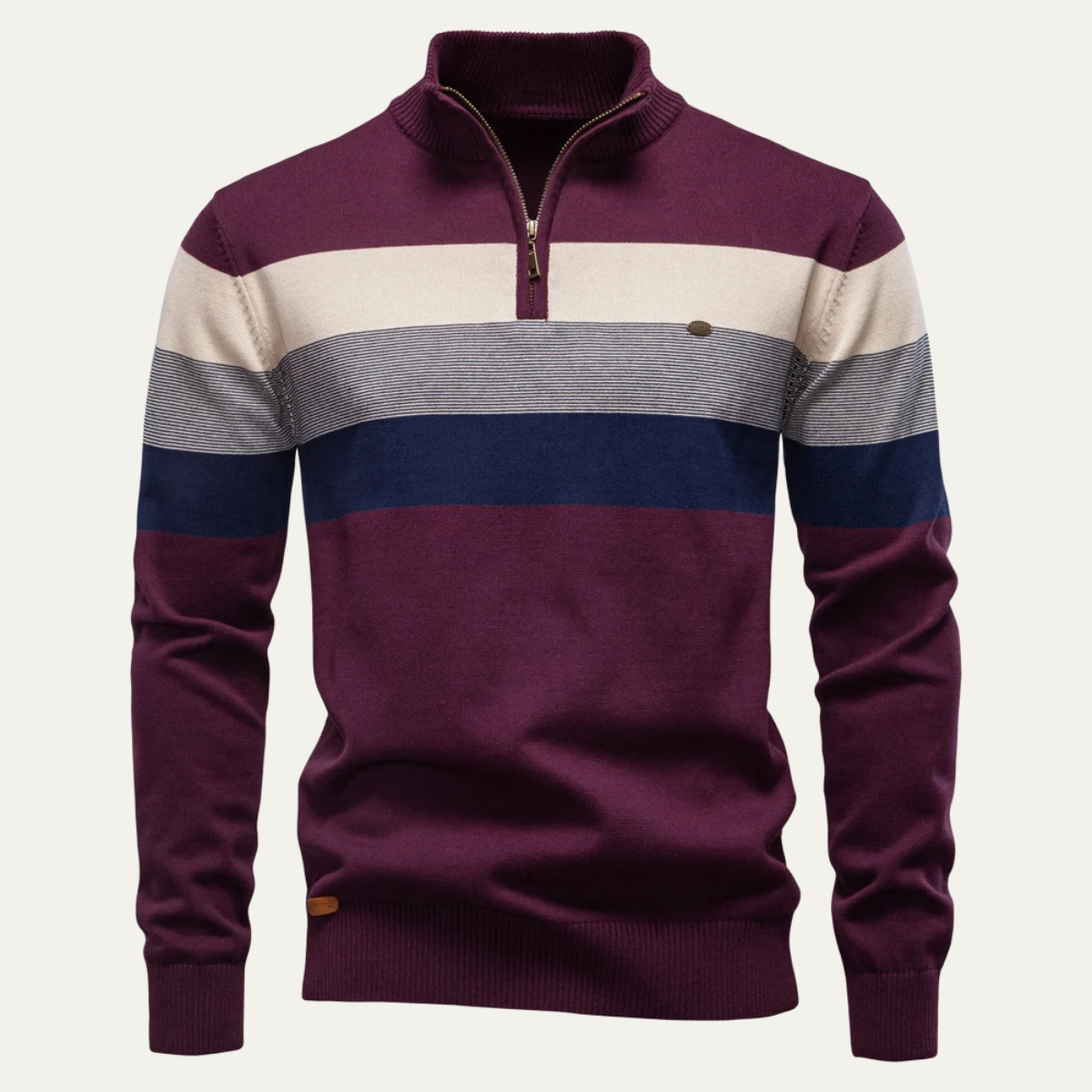 Beau | Men's Quarter Zip Sweater Navy Gray Burgundy Stripe