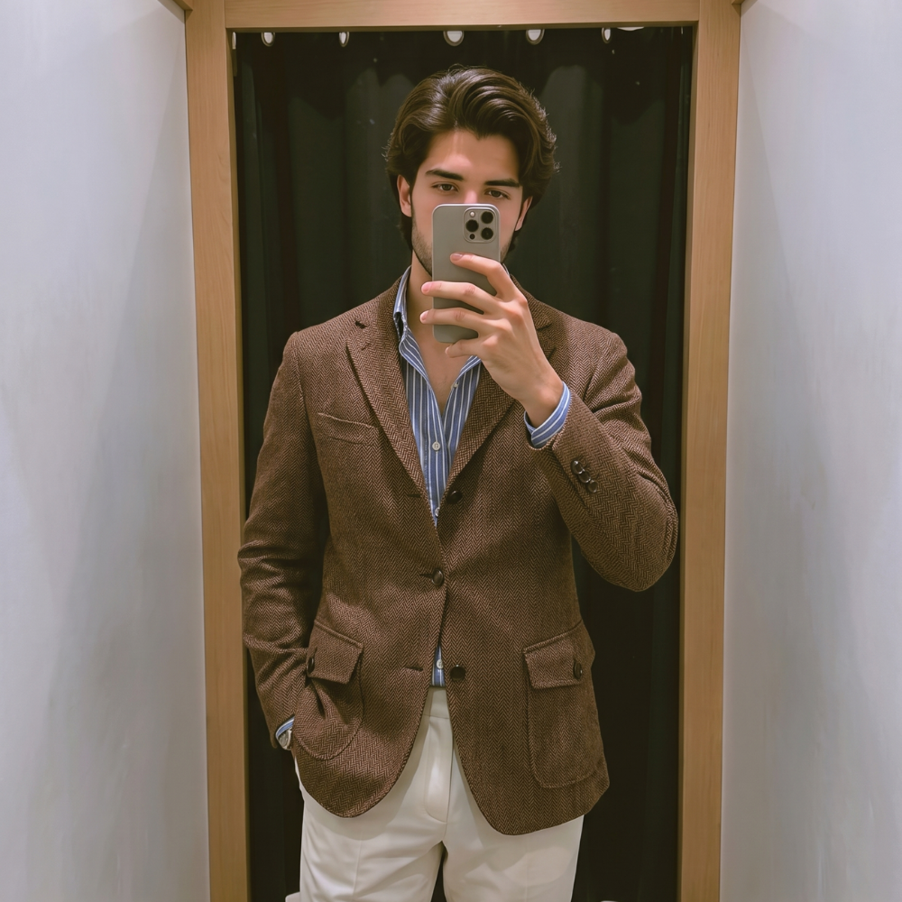 Voss | Men's Tweed Herringbone Blazer Brown Single Breasted
