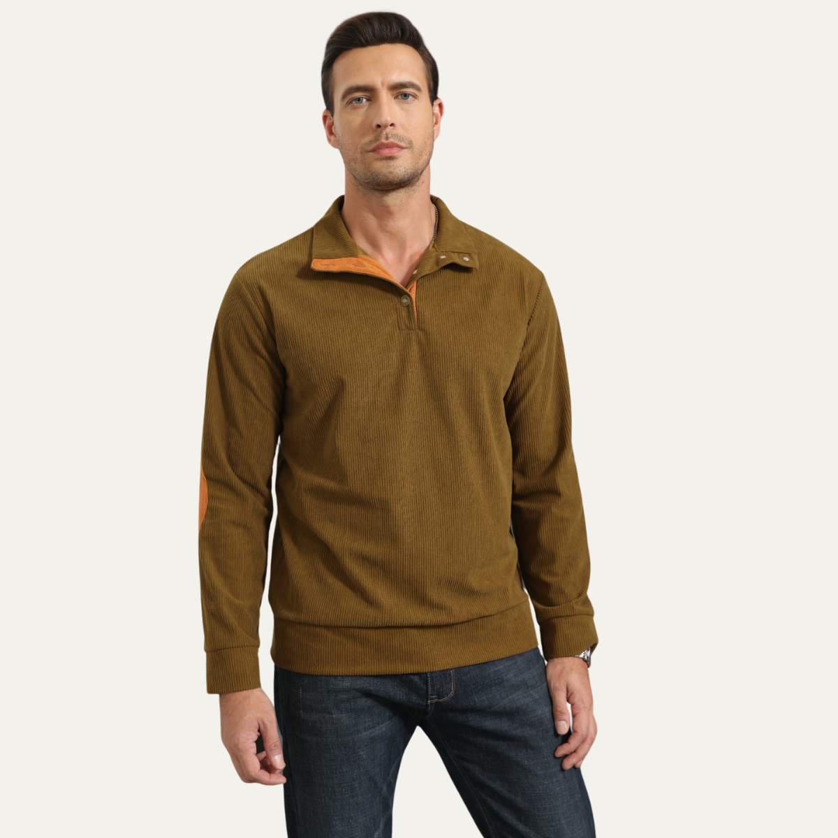 Rowan | Men's Ribbed Knit Quarter Zip Sweater Olive Elbow Patch