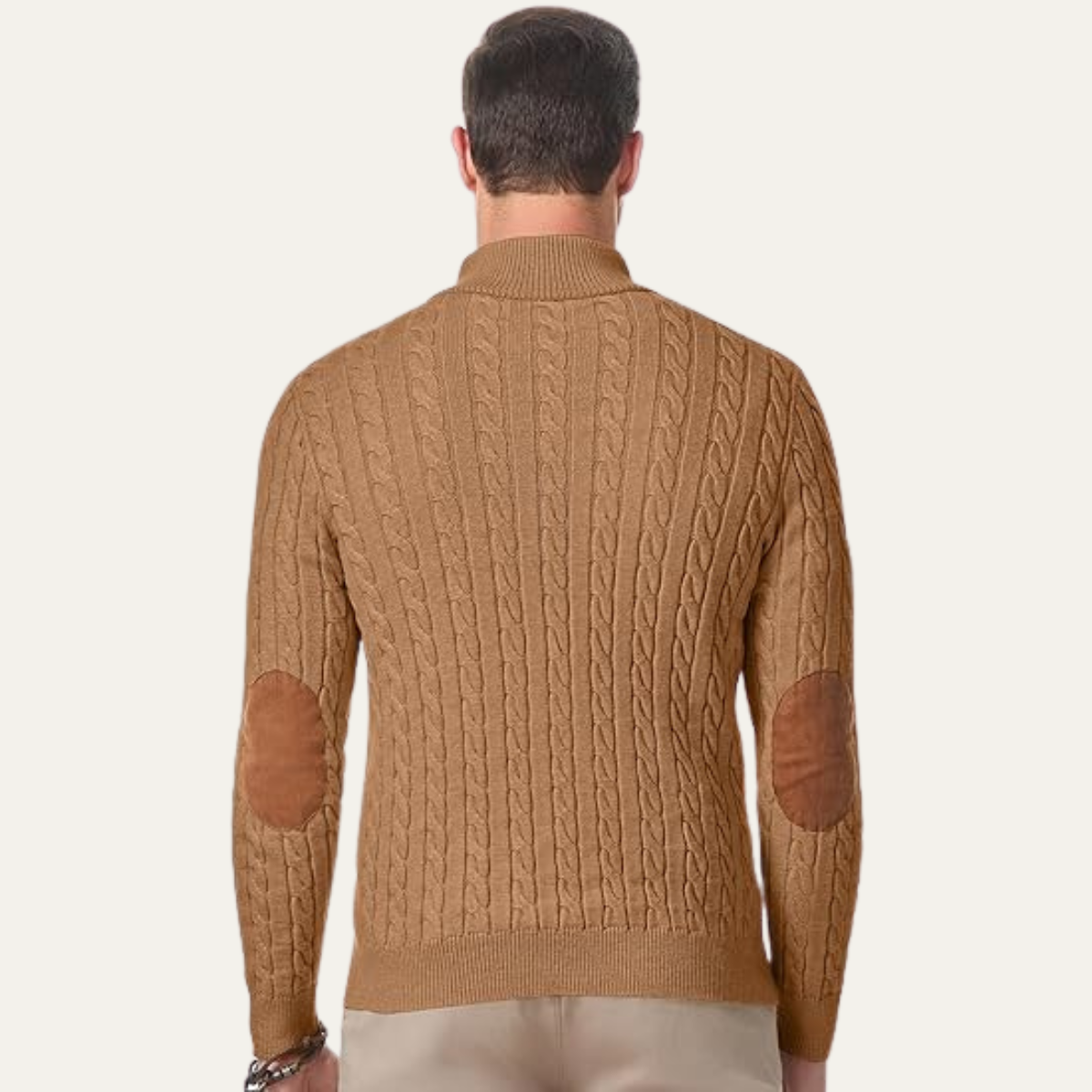 Bram | Men's Cable Knit Sweater Black Elbow Patch Quarter Zip