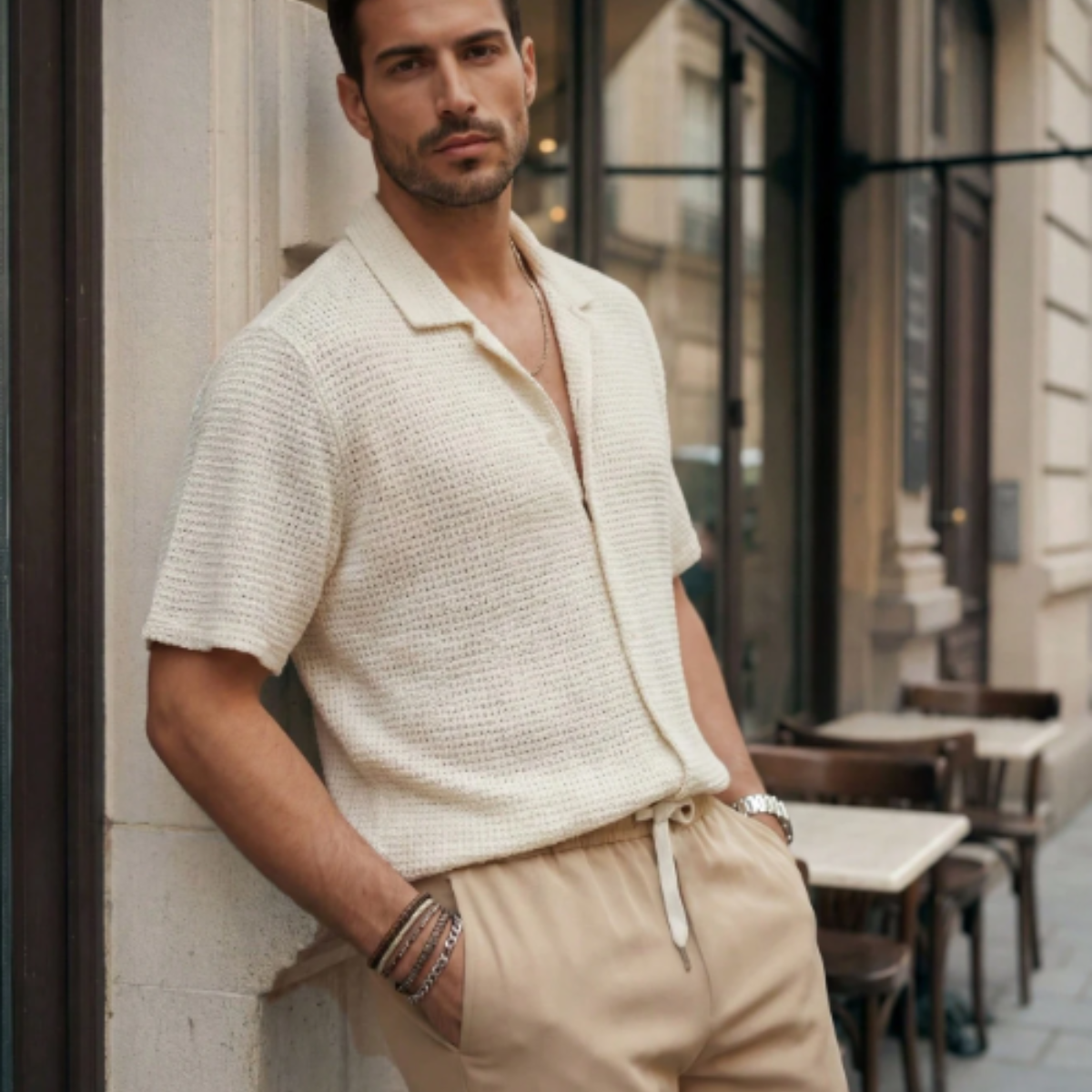 Callum | Men's Casual Linen Set Cream Short Sleeve Button Up Shirt And Beige Pants