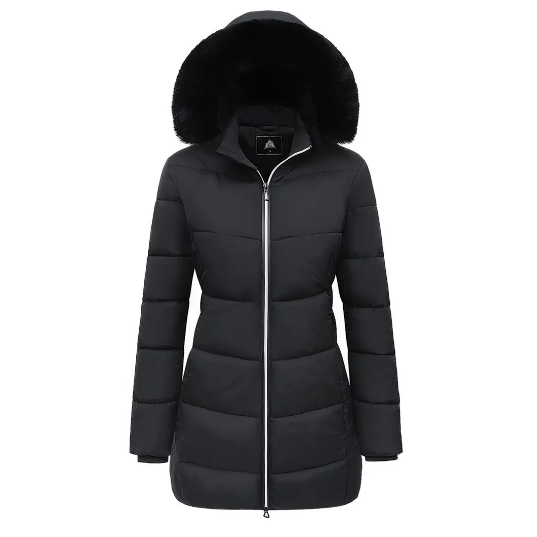 Alma | Women's Puffer Coat Black Faux Fur Collar Hood