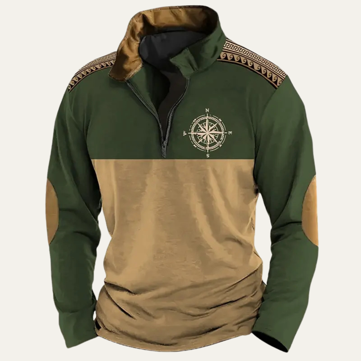 Rowan | Men's Vintage Quarter Zip Sweater Beige Black Compass Embroidered