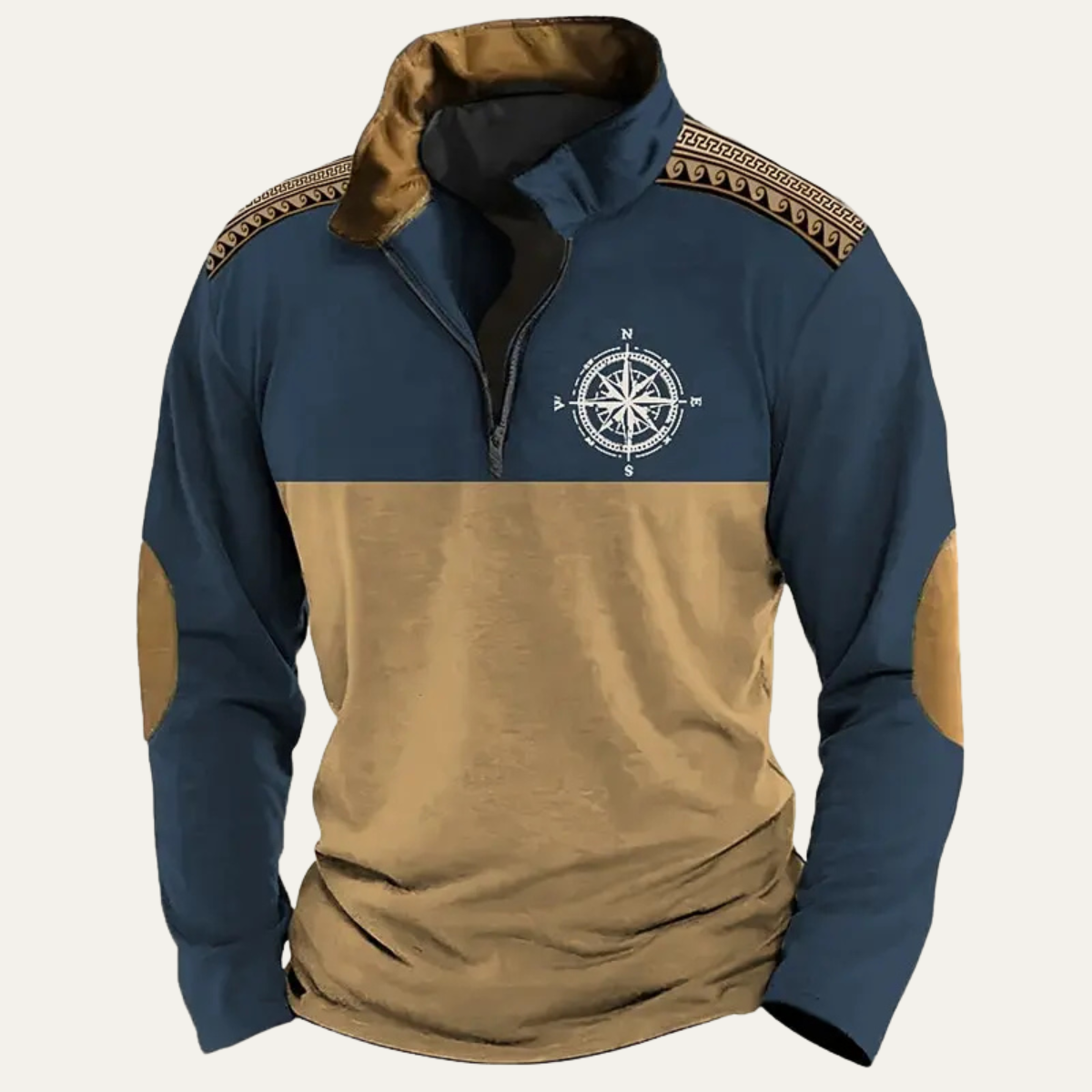 Rowan | Men's Vintage Quarter Zip Sweater Beige Black Compass Embroidered