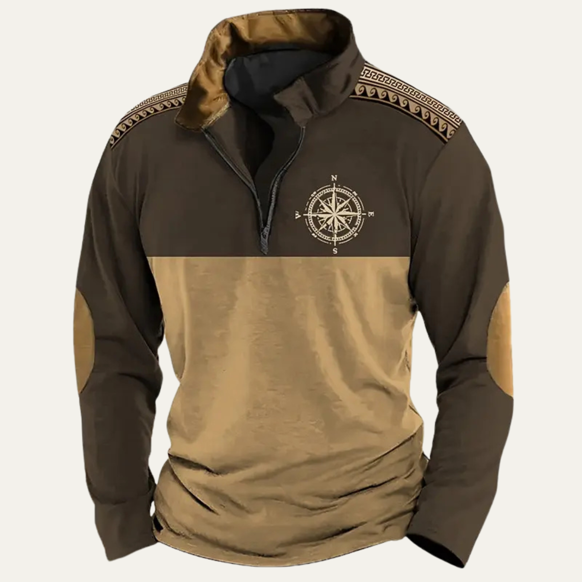 Rowan | Men's Vintage Quarter Zip Sweater Beige Black Compass Embroidered
