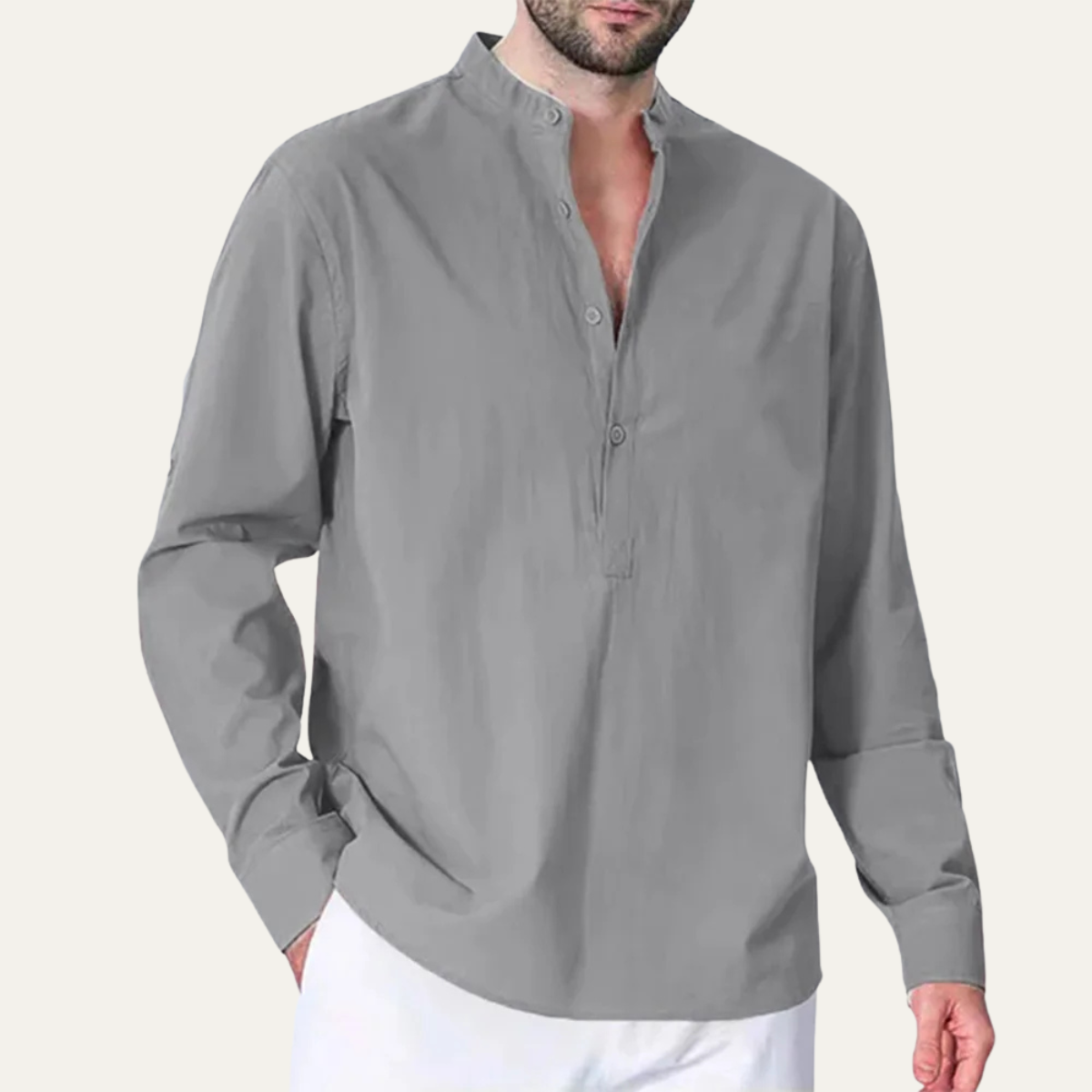 Ezra | Men's Linen Mandarin Collar Shirt Light Blue Long Sleeve