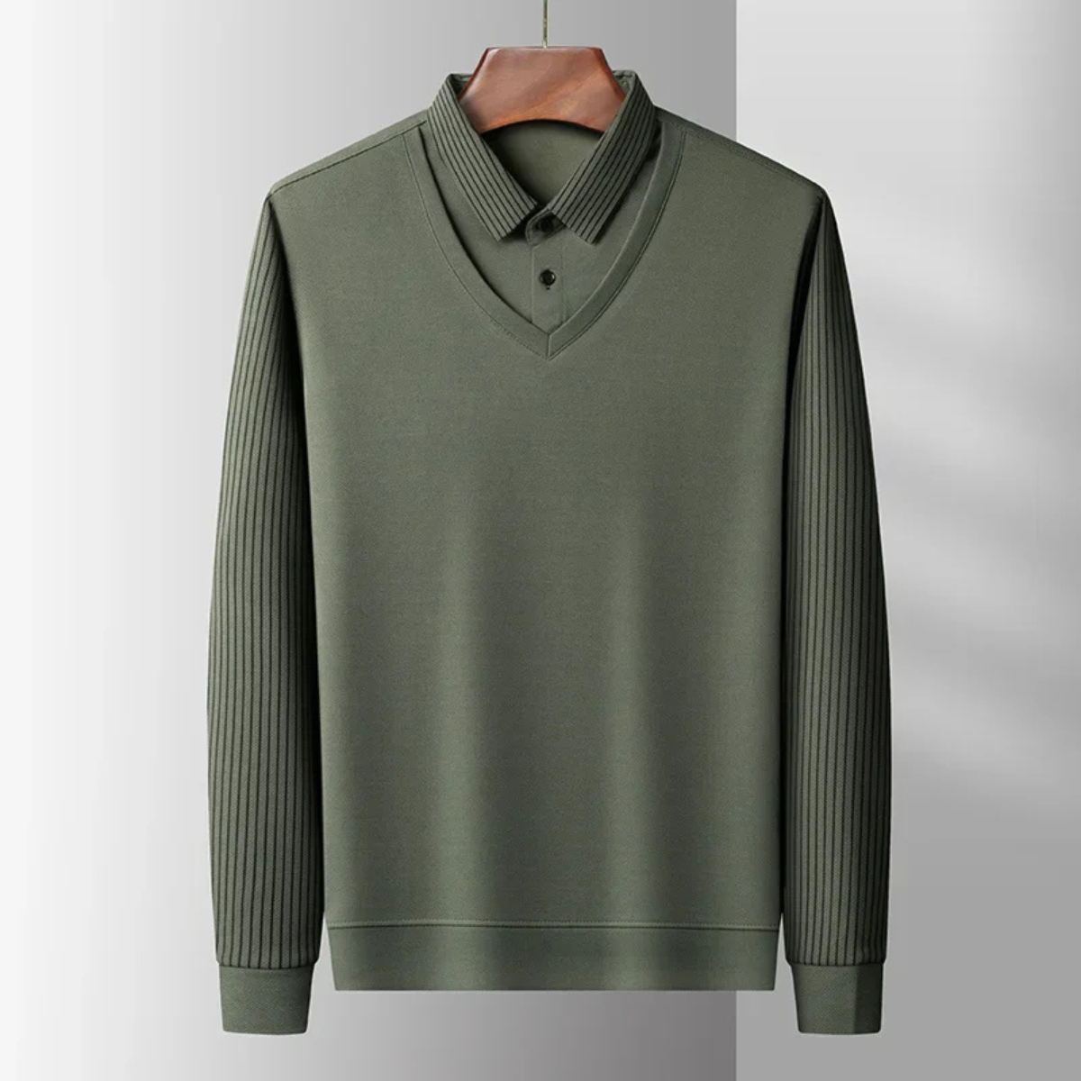 Sage | Men's Mock Neck Sweater Sage Green Ribbed Sleeves