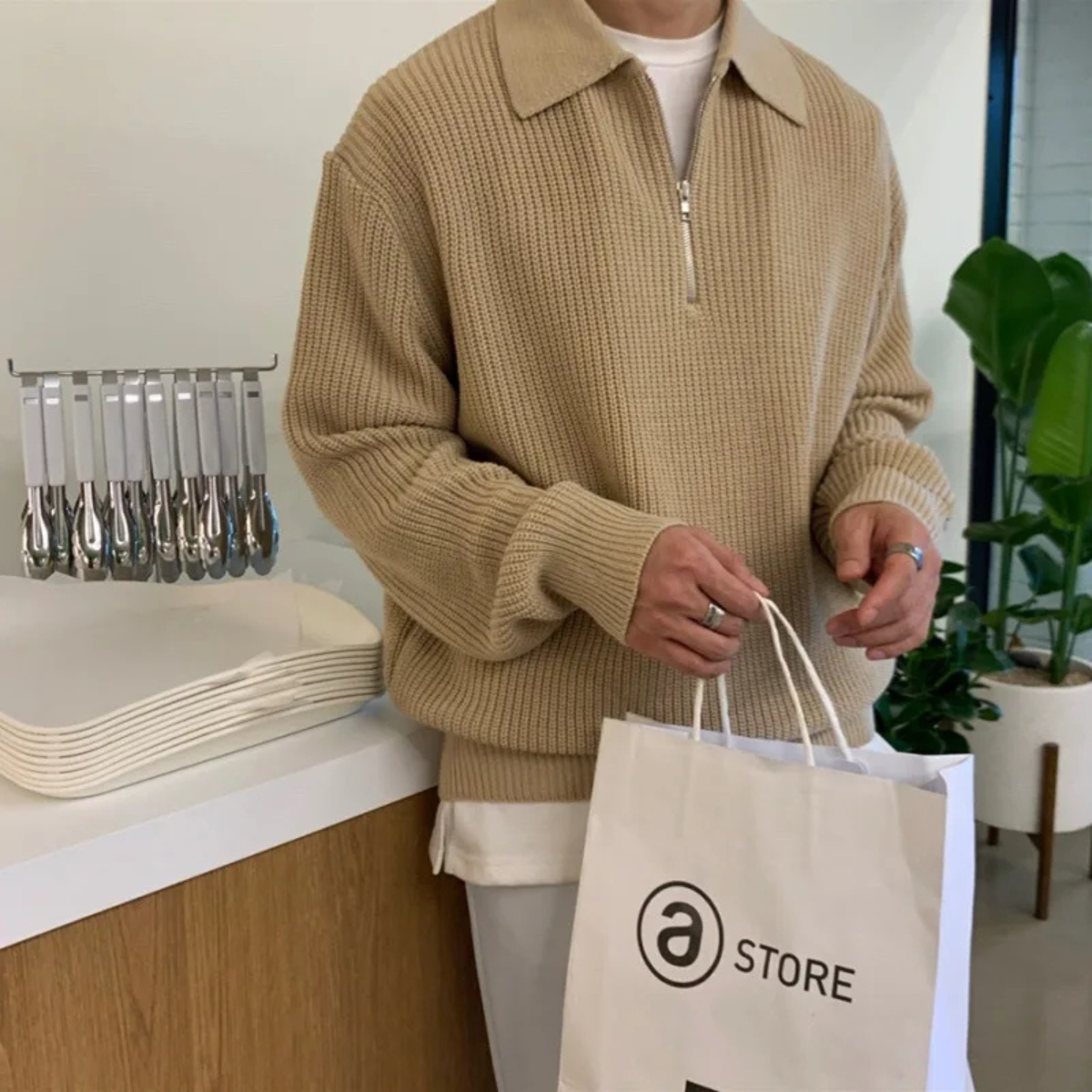 Ash | Men's Quarter Zip Sweater Cream Waffle Knit