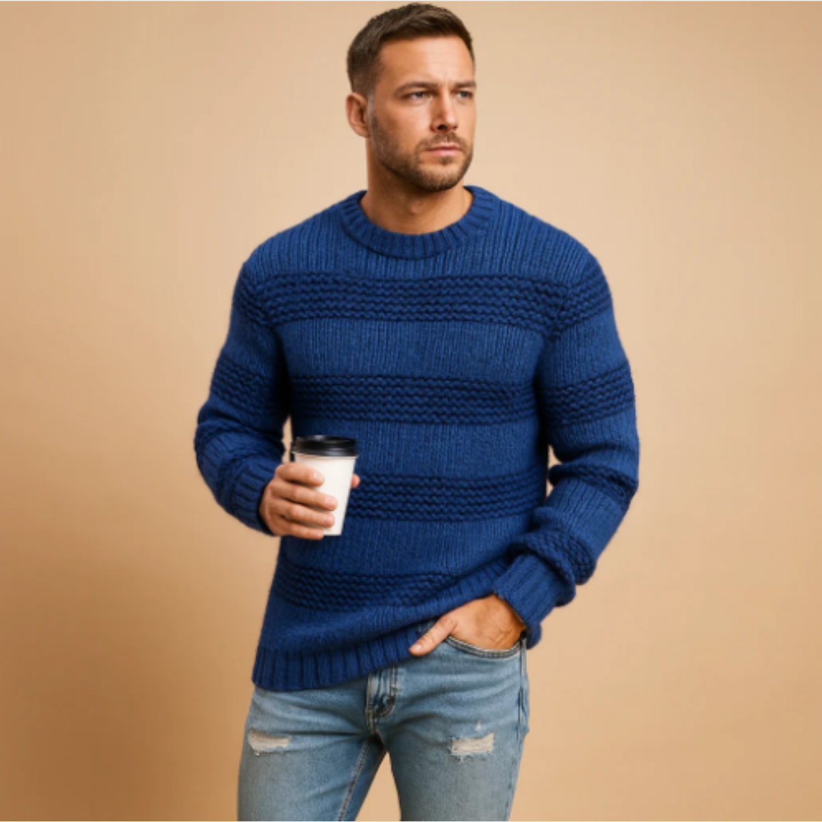 Asher | Men's Cable Knit Sweater Navy Crew Neck