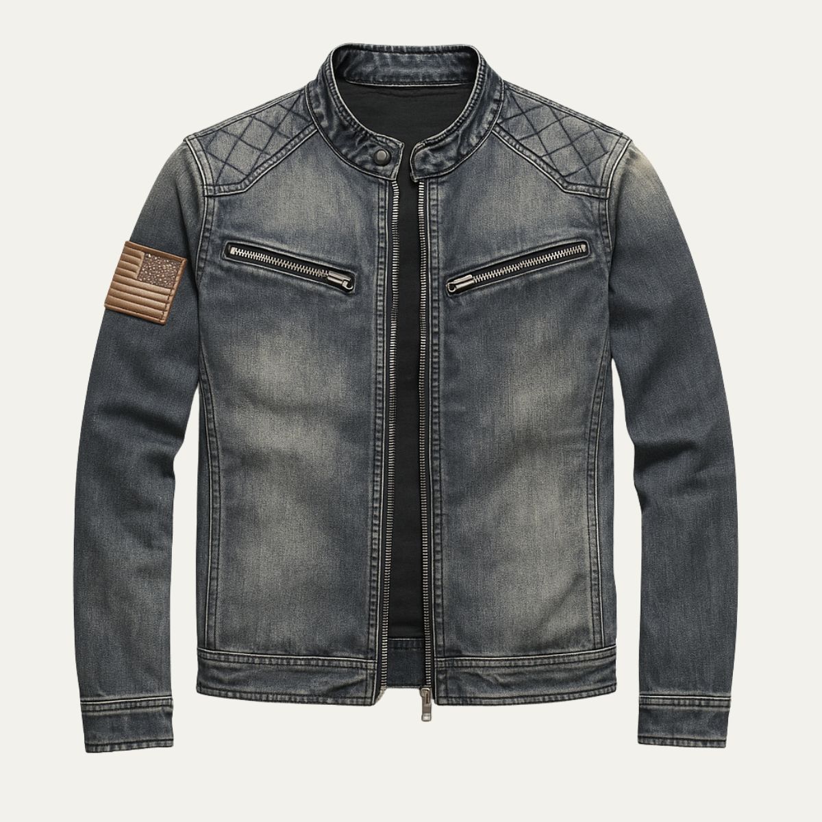Axel | Men's Slim Fit Denim Jacket Gray Quilted Shoulder Zip Collar