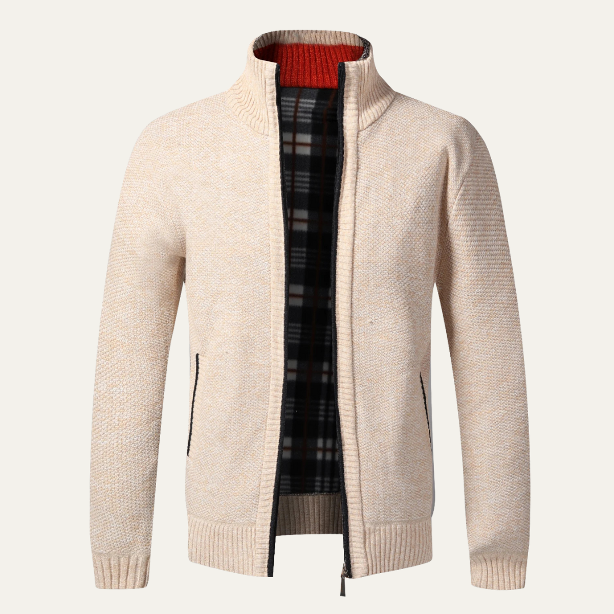 Rowan | Men's Zip Up Cardigan Black With Plaid Lining Warm