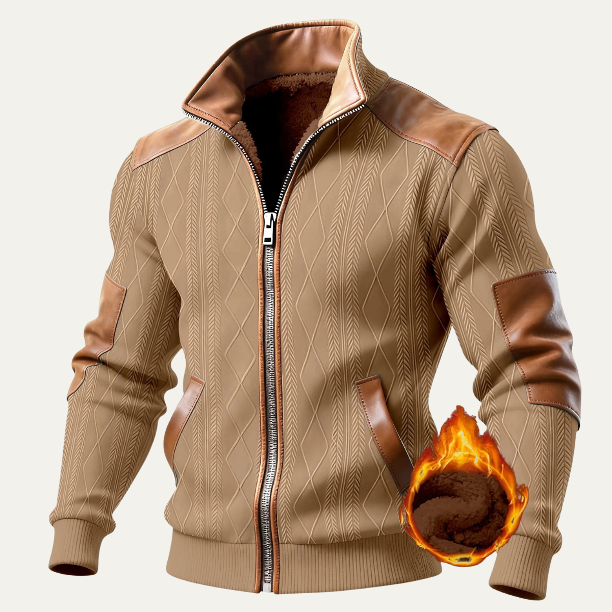 Beau | Men's Quilted Fleece Lined Zip Up Jacket Beige