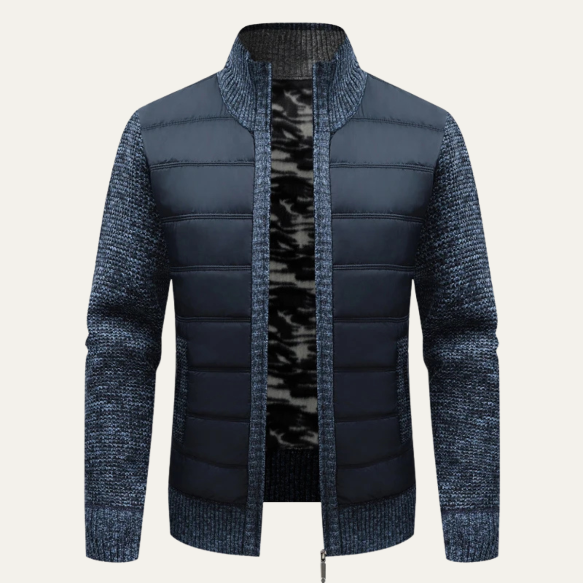Rhys | Men's Quilted Puffer Jacket Black Knit Sleeves Zip Up