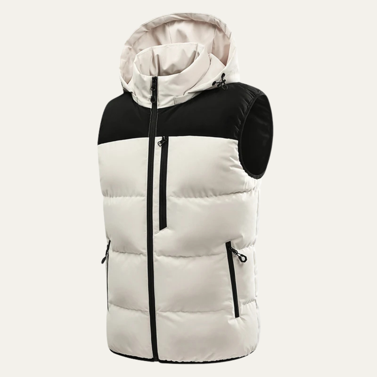 Roan | Men's Puffer Vest Beige Black Hooded Zip Pockets