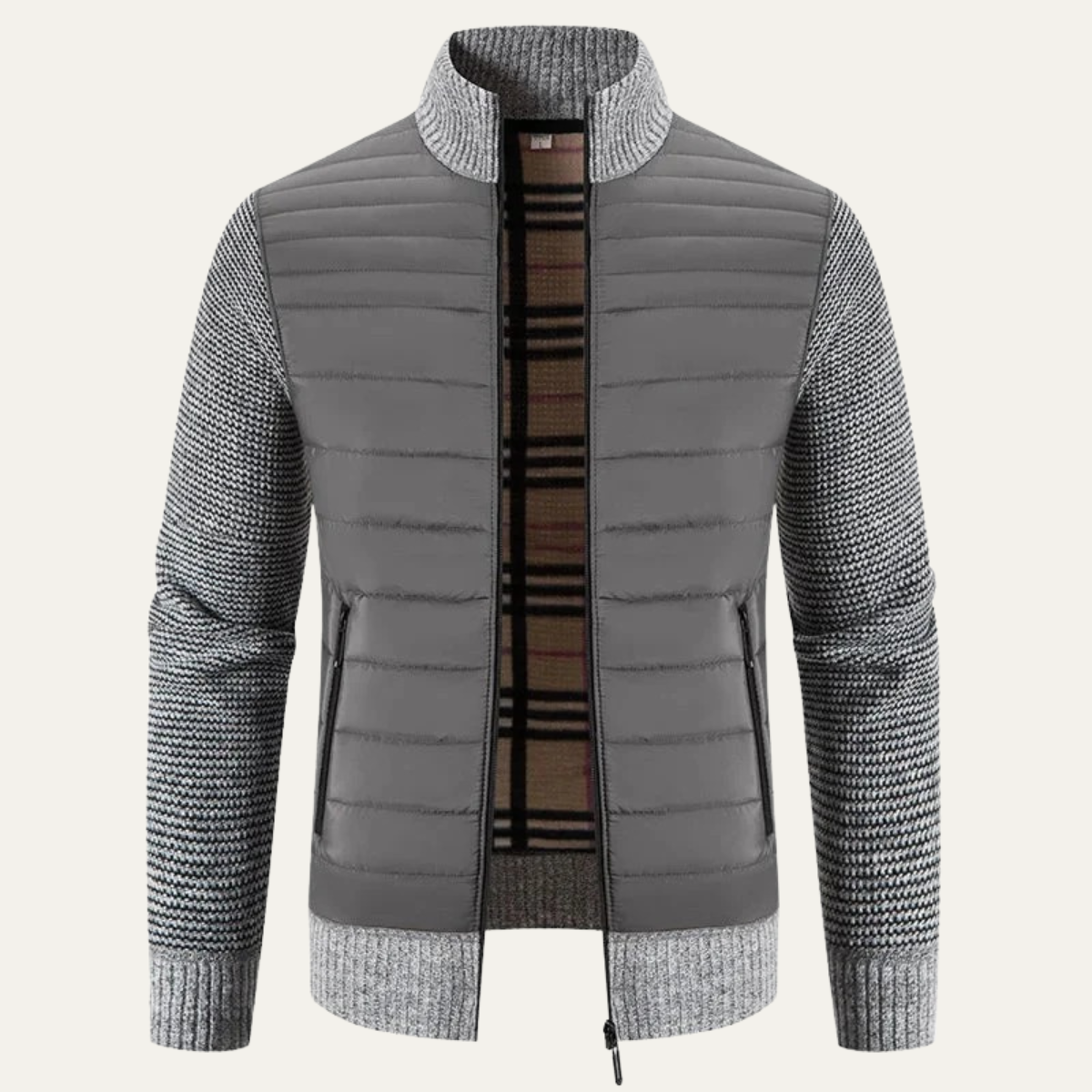 Beau | Men's Quilted Puffer Jacket Gray Knit Sleeves