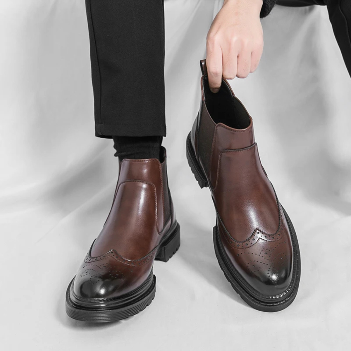 Axel | Men's Brogue Chelsea Boots Brown Leather Lug Sole