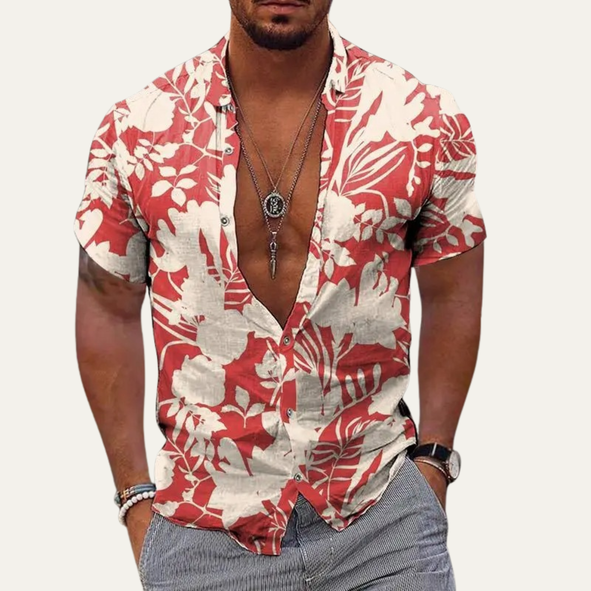 Axel | Men's Floral Button Up Shirt Pink Short Sleeve Casual