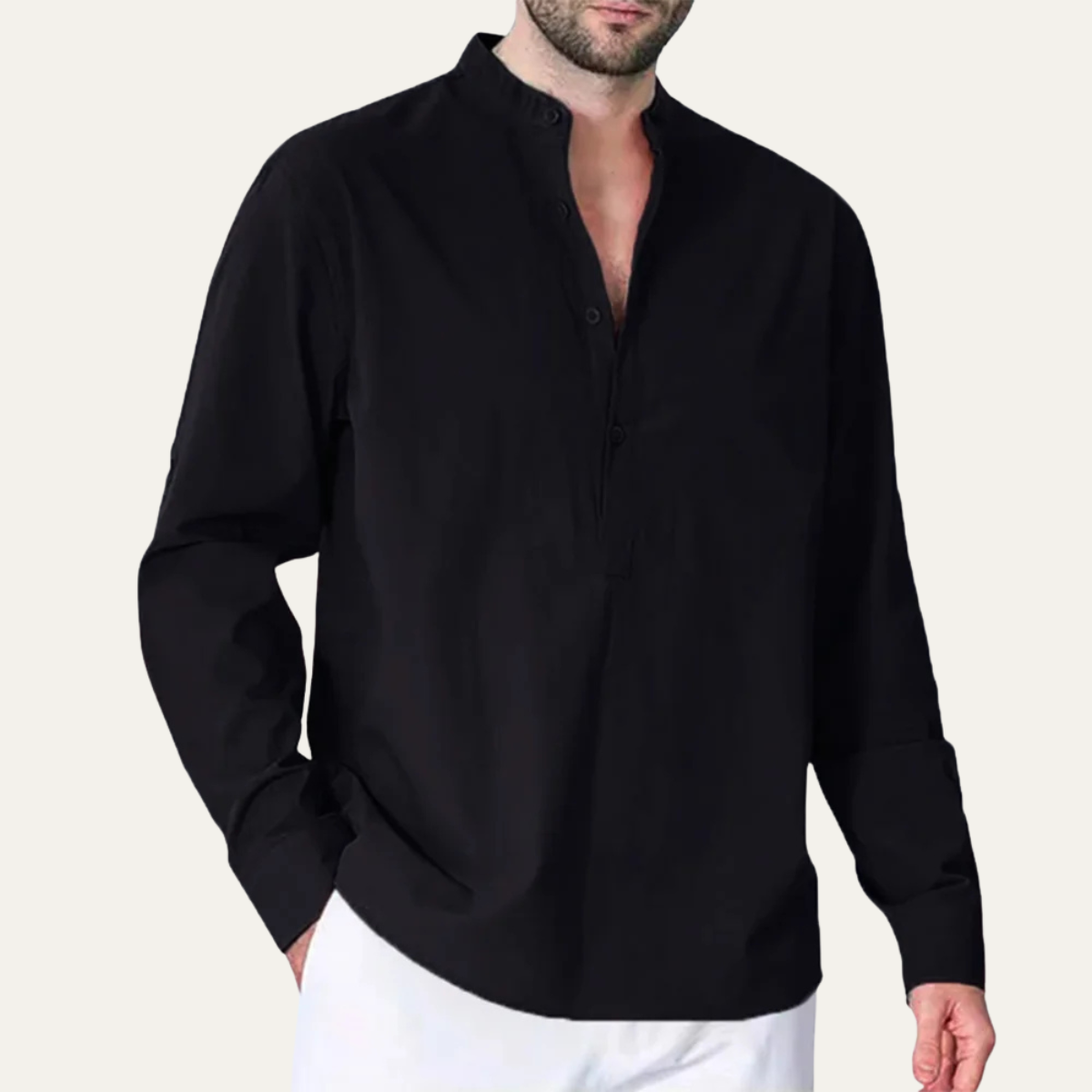 Ezra | Men's Linen Mandarin Collar Shirt Light Blue Long Sleeve